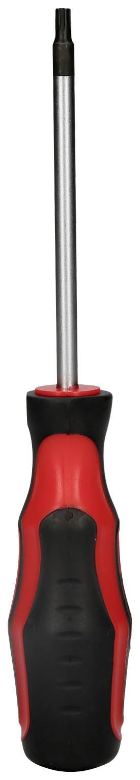 Wkrętak z czerwonym i czarnym uchwytem oraz długim, srebrnym trzpieniem.