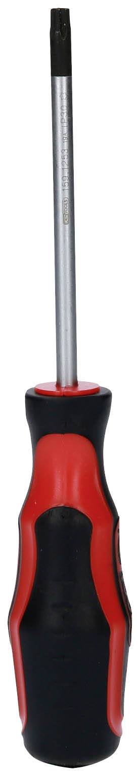 Czerwony i czarny śrubokręt z długim metalowym trzpieniem i ergonomiczną rękojeścią.