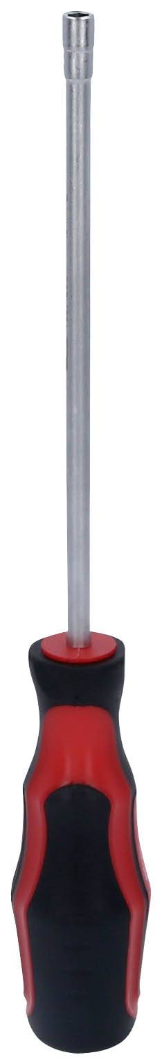 Śrubokręt z czarną i czerwoną rękojeścią, odpowiedni do prac ręcznych i napraw.