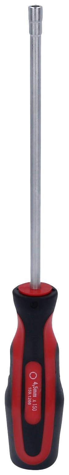 Wkrętak z czerwonym i czarnym uchwytem oraz długim metalowym trzpieniem.