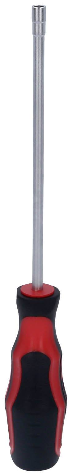 Śrubokręt z czerwoną i czarną rękojeścią, długim metalowym trzpieniem i końcówką krzyżakową, używany do wkręcania śrub.