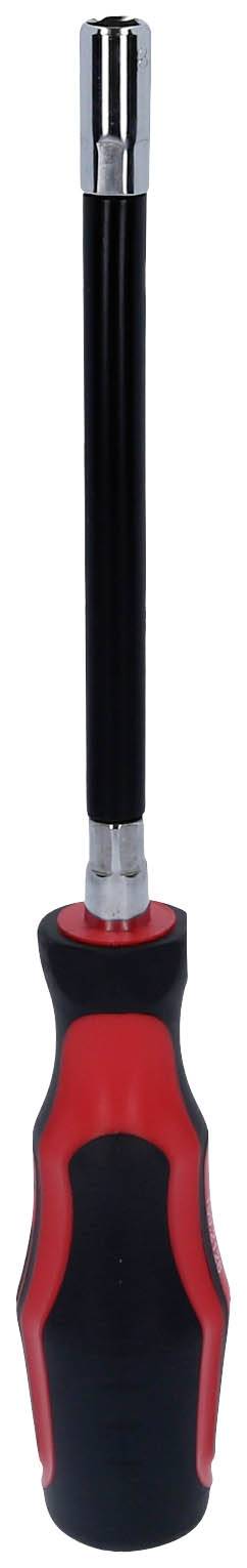 Śrubokręt z czarnym uchwytem i czerwonymi akcentami, długi czarny trzon z srebrnym czubkiem, odpowiedni do prac ręcznych.