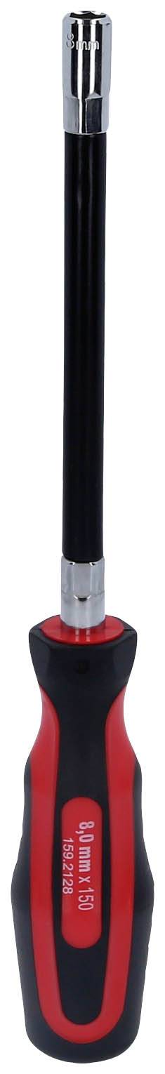 Śrubokręt z długim, czarnym trzpieniem i uchwytem w kolorach czarnym i czerwonym.