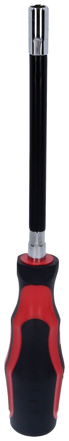 Czarny wkrętak ze czerwonym uchwytem i długim, wąskim trzpieniem, odpowiedni do różnorodnych prac śrubowych.