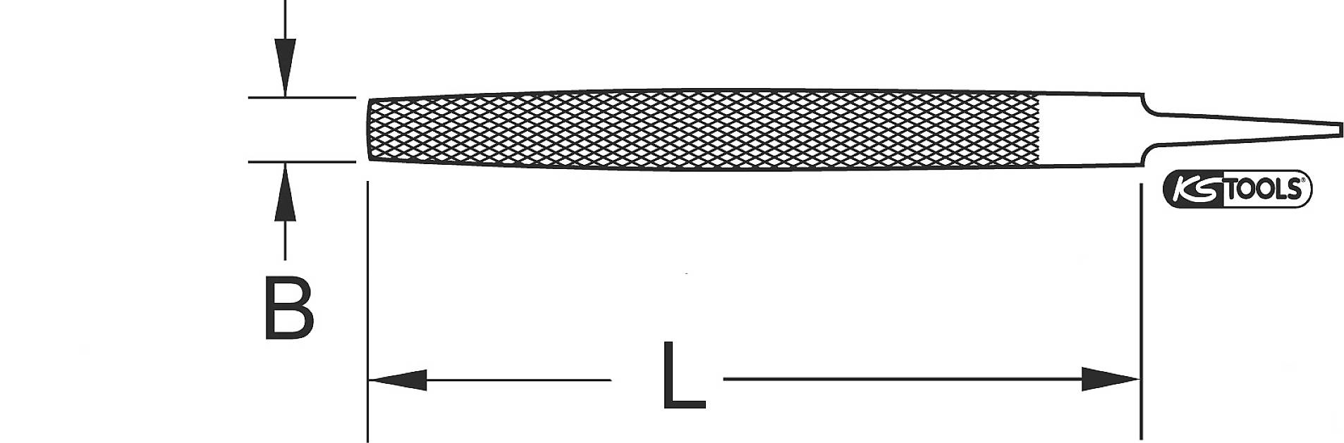 Pilnik 'KS Tools', widok z góry, pokazujący długość (L) i szerokość (B) uchwytu.