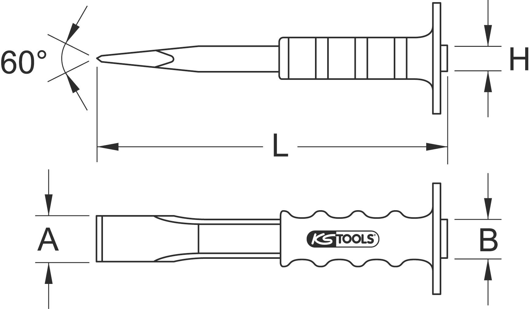 Rysunek techniczny kuta dłuta z gwintowanymi otworami, logo KS Tools. Wymiary: przekrój pod kątem 60°, całkowita długość L, szerokość A, B, wysokość H.