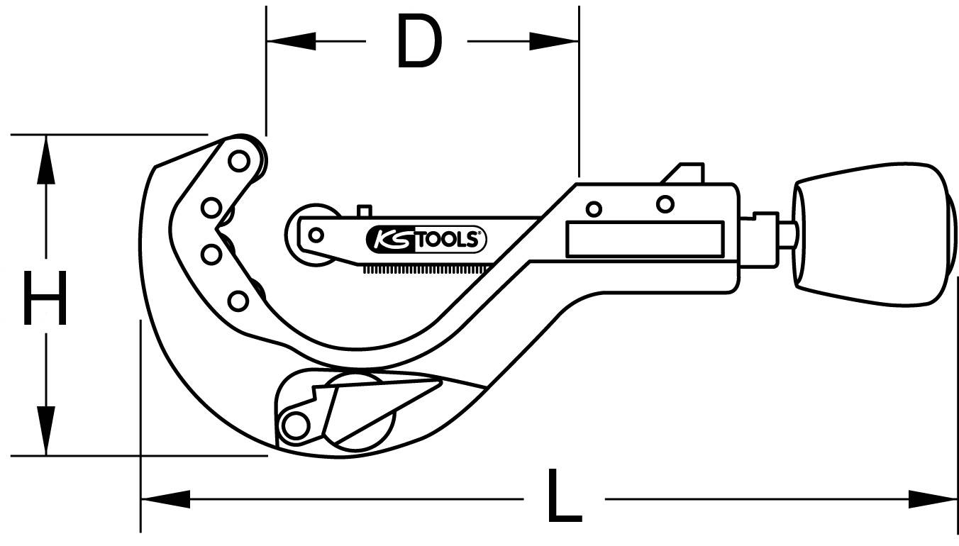 Rysunek obcinaka do rur z oznaczeniami wymiarów H, D i L oraz uchwytem z logo 'KS TOOLS'.