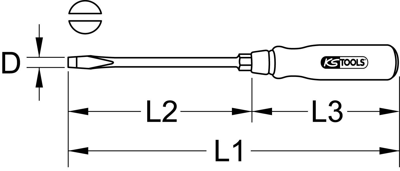 Rysunek wkrętaka płaskiego z wymiarami: całkowita długość L1, długość ostrza L2, długość rękojeści L3 oraz średnica ostrza D.