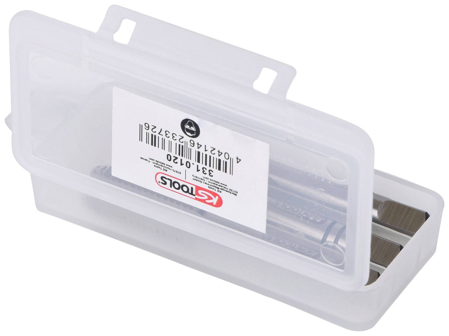 Przezroczyste pudełko plastikowe z zestawem pędzli. Naklejka z kodem kreskowym i informacjami o produkcie na przedniej stronie.