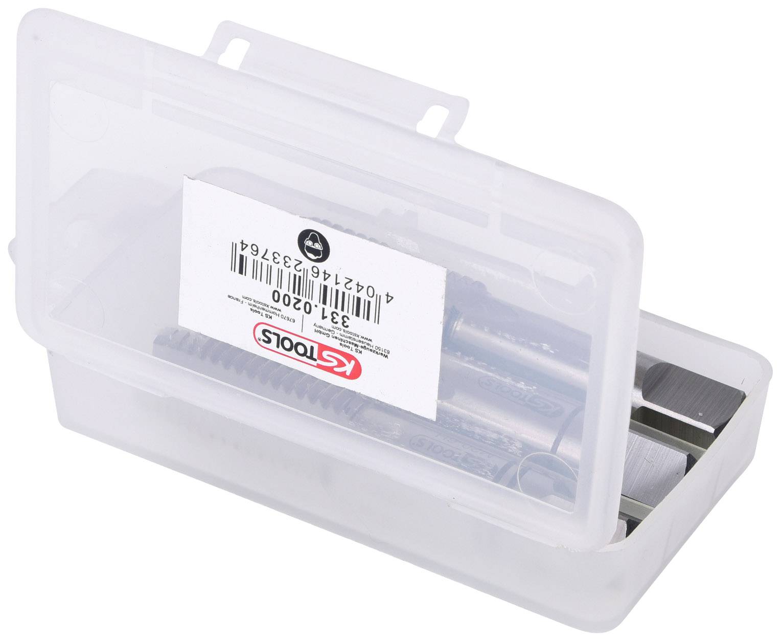 Plastikowe pudełko z przezroczystą pokrywą, zawierające różne części metalowe oraz kod kreskowy z napisem 'KS Tools'.