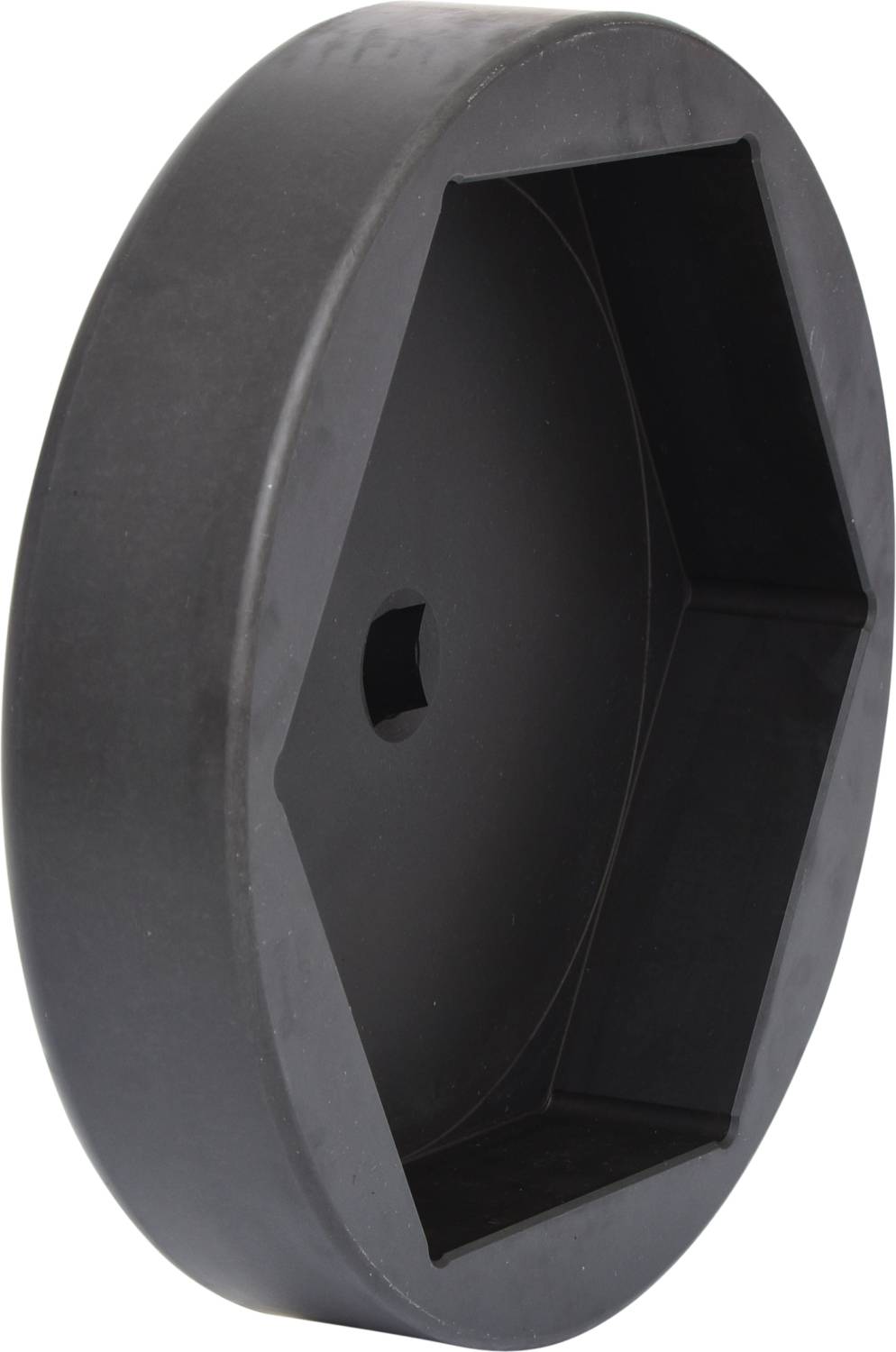 Sześciokątne, czarne narzędzie z tworzywa sztucznego o okrągłym obwodzie, przeznaczone do zdejmowania nakrętek lub zamknięć.