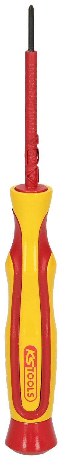 Żółto-czerwony śrubokręt z izolowanym uchwytem, odpowiedni do prac przy urządzeniach elektrycznych.