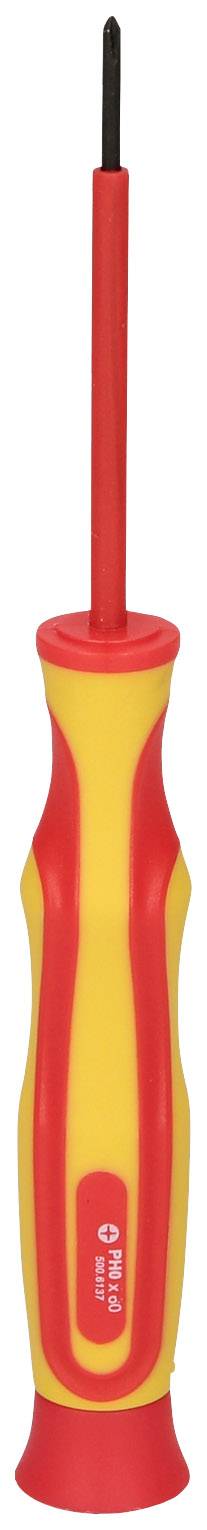 Czerwony i żółty śrubokręt z antypoślizgowym uchwytem.