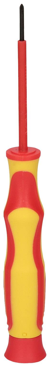 Wkrętak z czerwoną rękojeścią i izolowanym czubkiem, odpowiedni do prac elektrycznych.