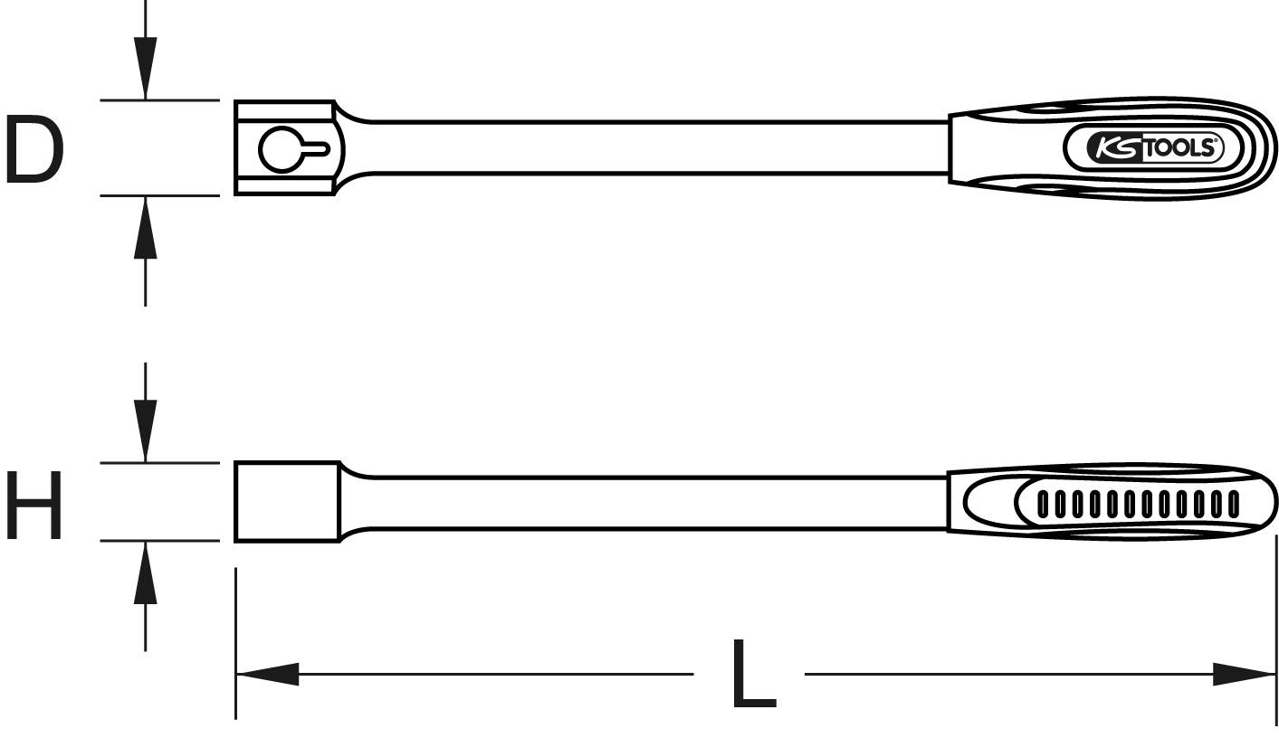 Rysunek narzędzia przedłużającego z uchwytem 'KS Tools'. Podane wymiary D, H i L mają na celu zobrazowanie rozmiaru i kształtu.