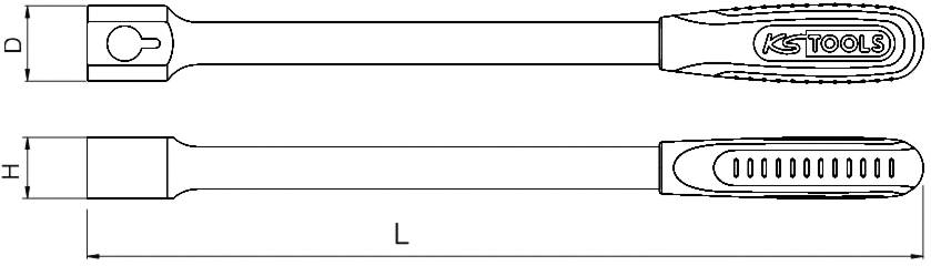 Schemat przedłużacza do klucza nasadowego z wymiarami D, H, L oraz uchwytem z logo KS Tools.