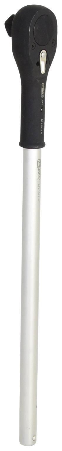 Grzechotka z długim ramieniem dźwigni i czarnym uchwytem, przeznaczona do trudno dostępnych prac śrubowych.