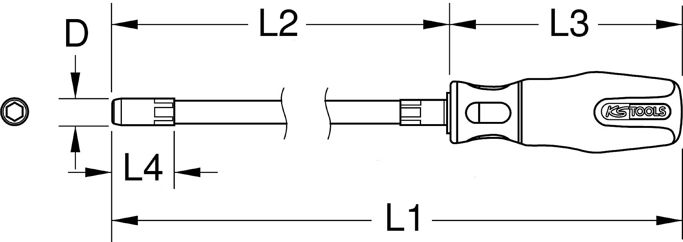 Rysunek techniczny śrubokręta z uchwytem. Oznaczenia długości poszczególnych części: Całkowita (L1), Trzon (L2), Uchwyt (L3), Czubek (L4), Średnica (D).