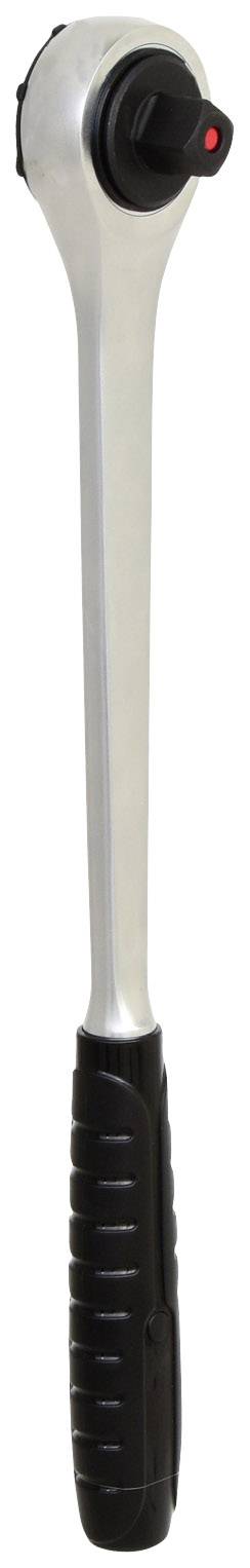 Srebrny klucz grzechotka z czarną rękojeścią i czerwonym punktem na głowicy, używany do dokręcania lub odkręcania śrub lub nakrętek.