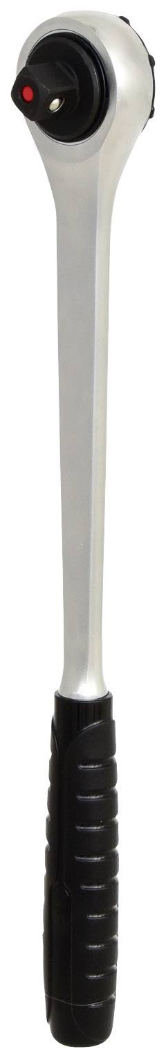 Grzechotka z czarną rękojeścią i czerwonym przyciskiem do zmiany kierunku obrotu.