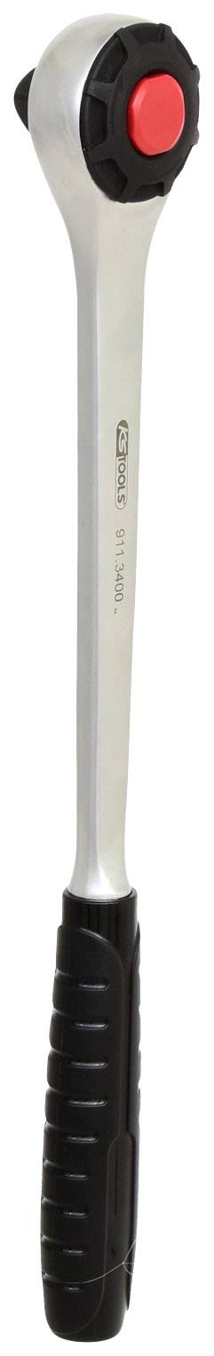 Srebrna grzechotka z czarną rękojeścią i czerwonym przyciskiem.