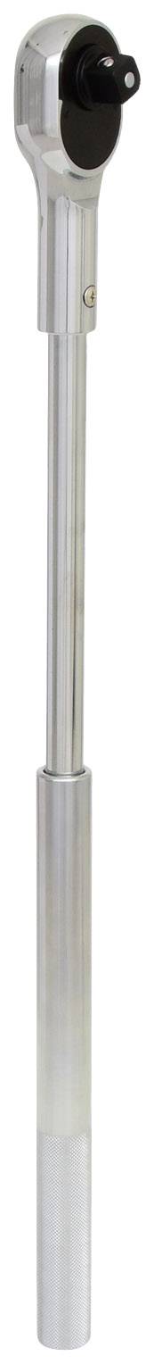 Srebrny klucz dynamometryczny z długą rękojeścią i czarną głowicą, używany do precyzyjnego dokręcania śrub i nakrętek.