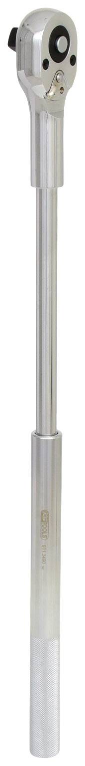 Srebrny klucz dynamometryczny z długą rękojeścią i mechanizmem grzechotki, przeznaczony do precyzyjnego dokręcania połączeń śrubowych.