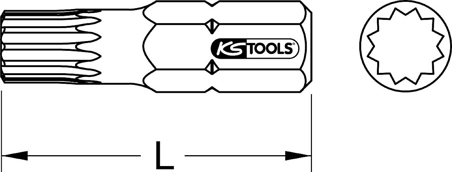 Ilustracja wielowrzecionowego bitu narzędziowego firmy 'KS Tools' do pomiaru długości. Po lewej stronie bit, po prawej widok czołowy z gwiazdkowym uzębieniem.