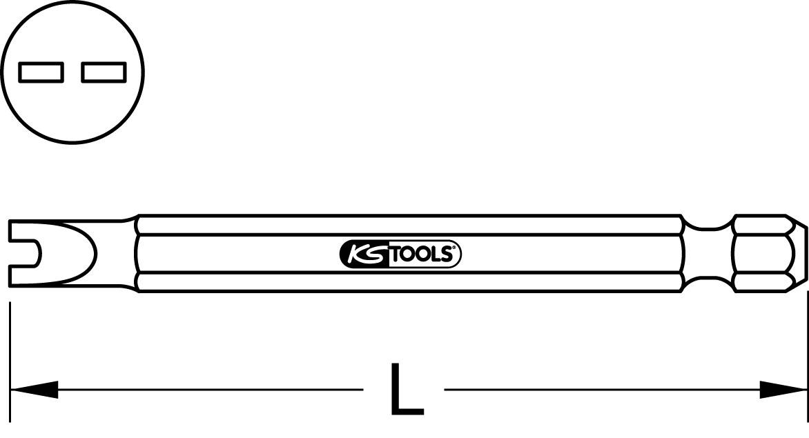Klucz nasadowy 'KS Tools', dwustronny, z oznaczeniami; jedna strona szczelinkowa, druga z sześciokątnym uchwytem, długość L wskazana.