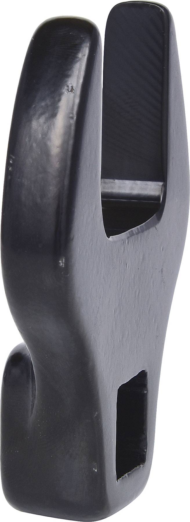 Czarny, dwupunktowy plastikowy przedmiot, prawdopodobnie uchwyt lub wieszak, z zaokrąglonymi krawędziami i otworem u dołu.
