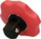 Czerwony plastikowy pokrętło z czarną wstawką, prawdopodobnie uchwyt do mocowania lub urządzenia mechanicznego.