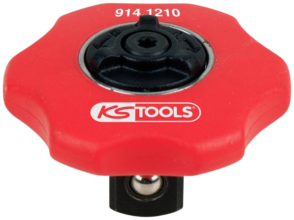 Czerwony pokrętło z białym napisem 'KS TOOLS' oraz numerem '914.1210'. Uchwyt narzędziowy prawdopodobnie do wkrętaka.