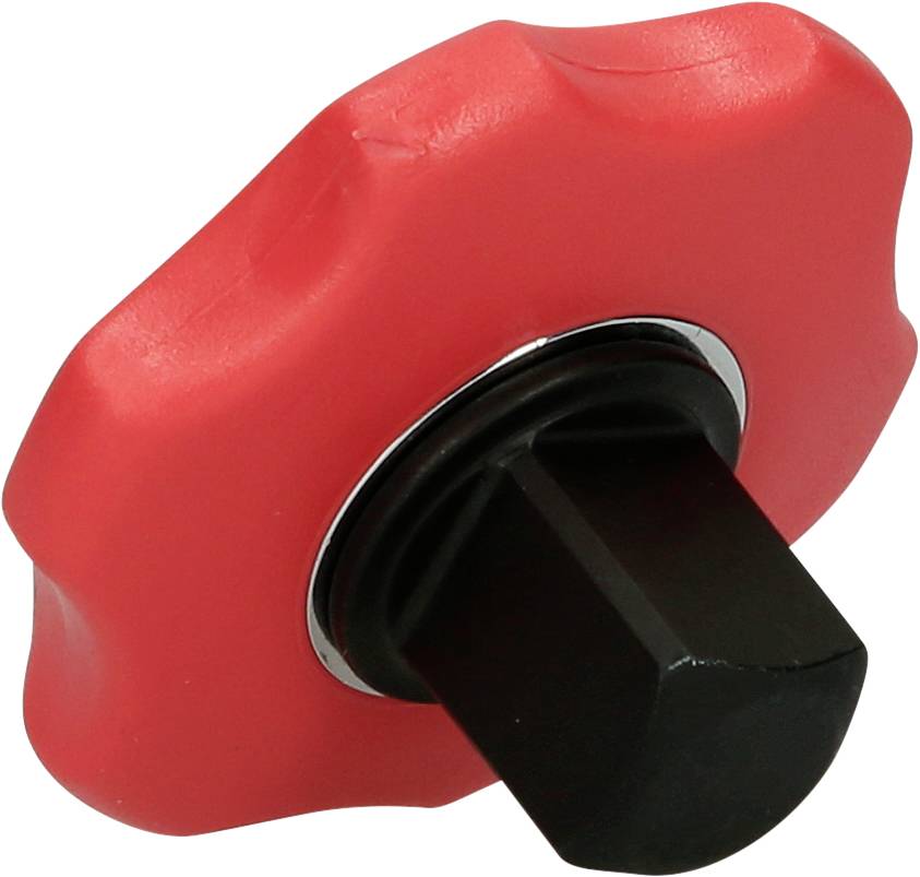 Czerwony plastikowy pokrętło z czarnym sześciokątnym mocowaniem do regulacji lub mocowania w maszynach lub meblach.