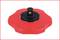 Czerwony plastikowy dekiel w kształcie kwiatu z czarnym elementem mocującym pośrodku, na białym tle.