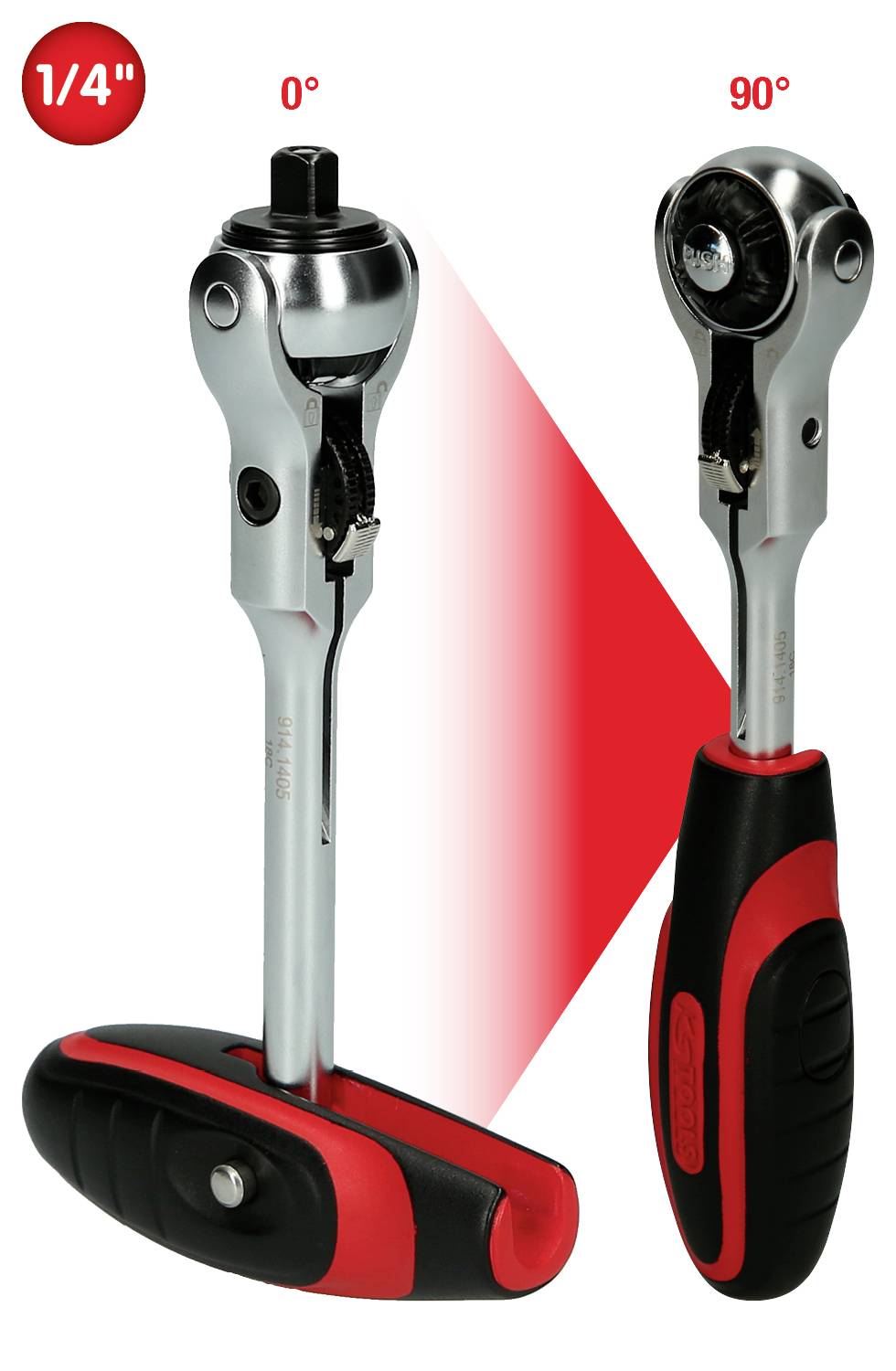 Dwie grzechotki z czarnym i czerwonym uchwytem, przedstawione obok siebie w różnych pozycjach (0° i 90°). Napęd 1/4 cala.