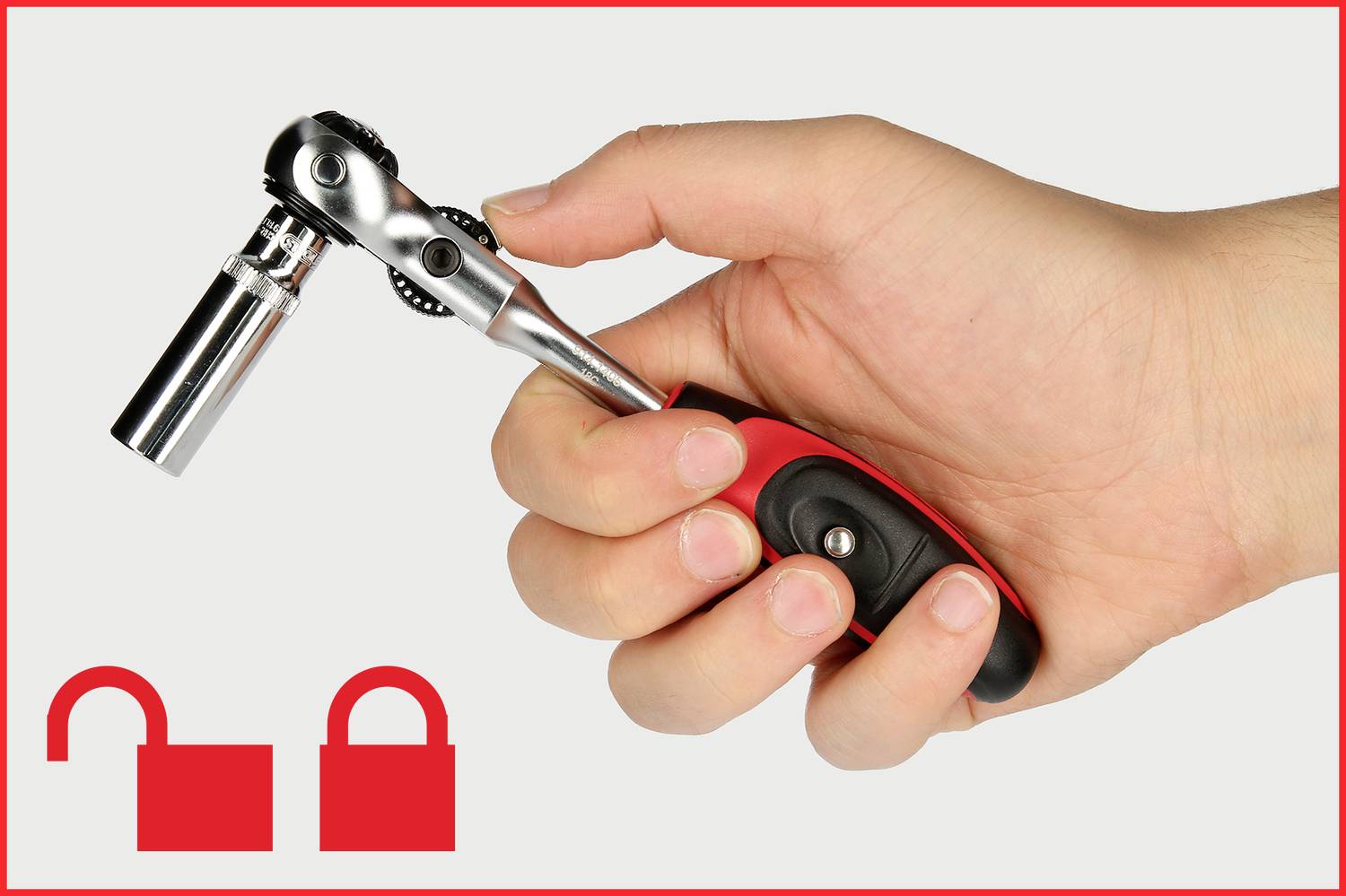 Jedna ręka trzyma klucz nastawny. W lewym dolnym rogu znajdują się dwa symbole: otwarta i zamknięta kłódka.