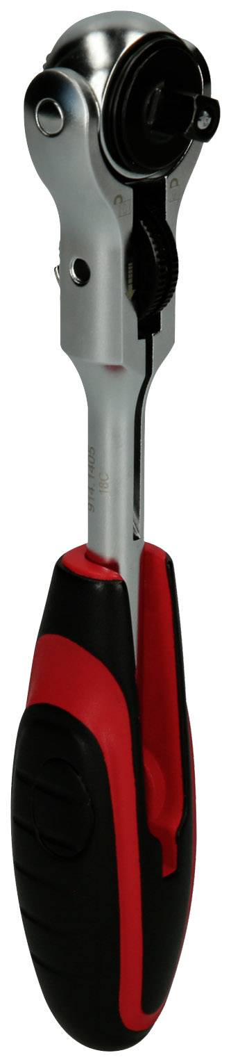 Grzechotka z ergonomicznym uchwytem, wykonana głównie w kolorach srebrnym i czerwonym, służy do dokręcania i odkręcania śrub i nakrętek.