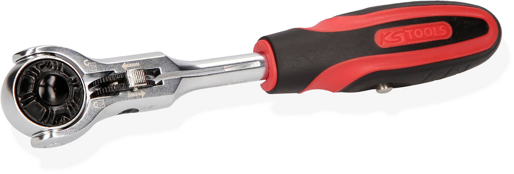 Grzechotka z czarnym i czerwonym uchwytem, stalowa głowica z zintegrowanym mechanizmem, służąca do dokręcania lub odkręcania śrub i nakrętek.