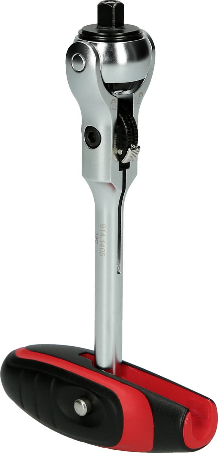 Metalowa grzechotka z ergonomicznym uchwytem w kolorach czerwonym i czarnym, idealna do dokręcania lub odkręcania śrub i nakrętek.