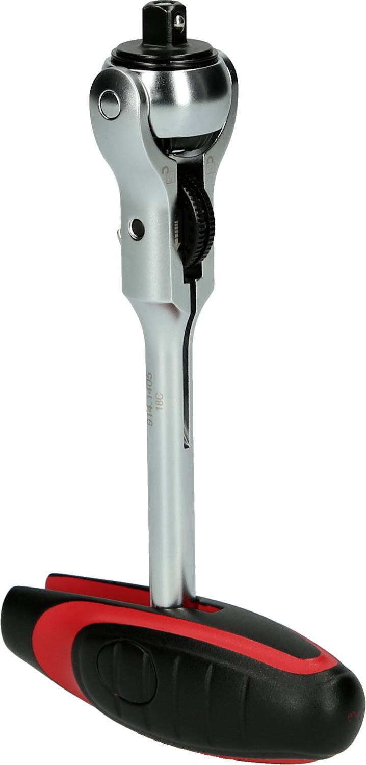 Grzechotka z ergonomicznym uchwytem w kolorach czarnym i czerwonym, ukazująca mechanizm zębaty i kąt zastosowania. Narzędzie do prac śrubowych.