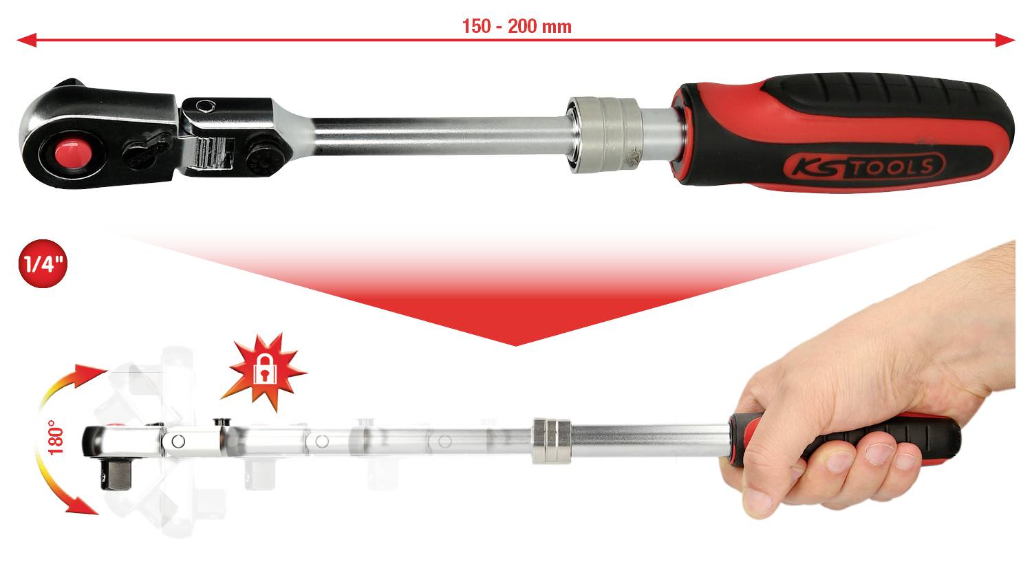 Klucz płaski z grzechotką i regulowaną rękojeścią, 150-200 mm. Wskaźnik rozmiaru 1/4" oraz możliwość obrotu o 180°. Dłoń trzymająca uchwyt.