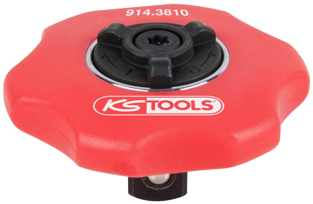 Czerwone narzędzie KS Tools do wymiany filtra oleju z zagłębieniami na uchwyty i czarnym mechanizmem mocującym w środku, numer części '914.3810'.