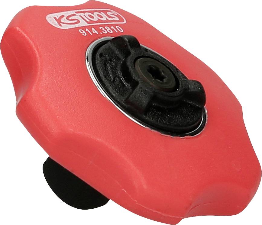 Czerwona, gwiaździsta korba z centralnym czarnym pokrętłem od KS Tools, używana do ręcznej obsługi maszyn lub urządzeń.