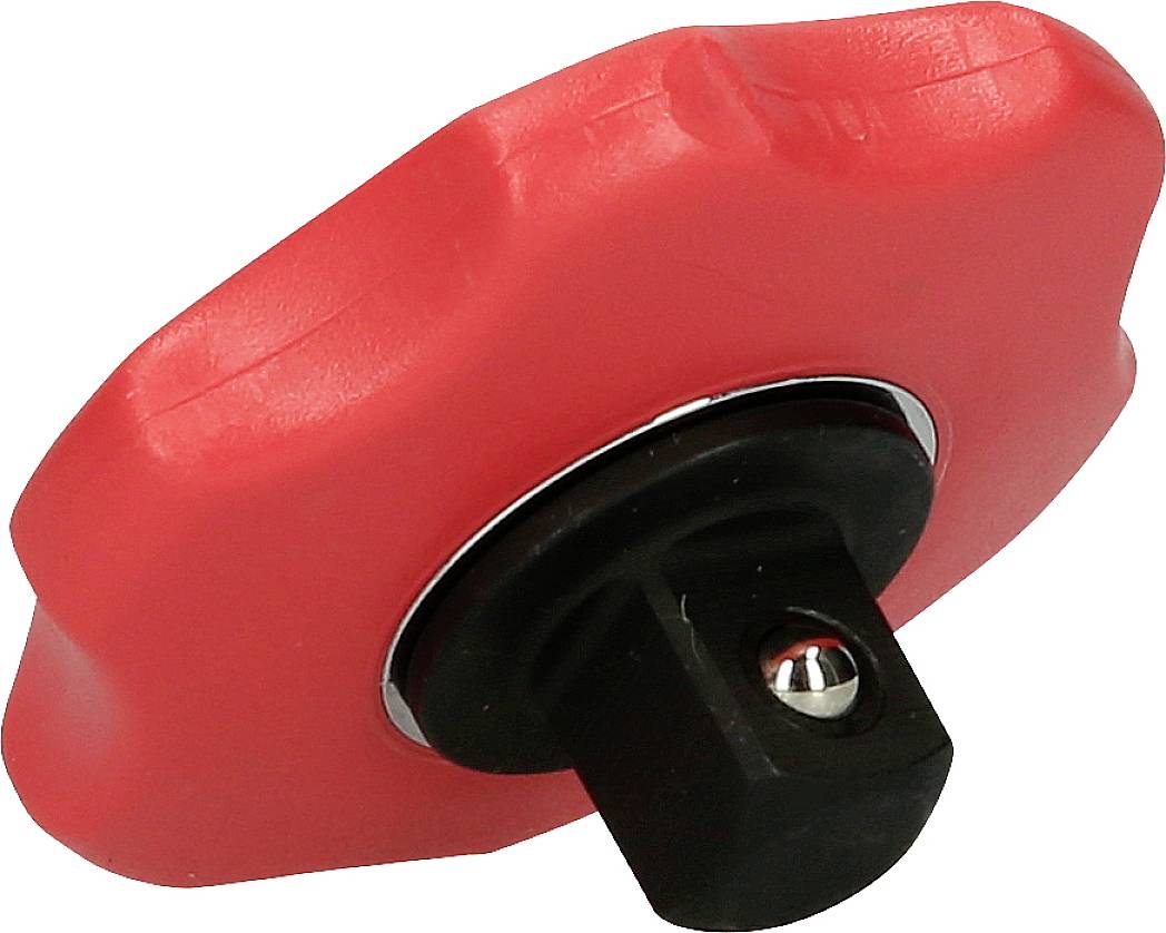 Czerwony plastikowy pokrętło z czarną podstawą, często stosowane do ręcznej regulacji na maszynach.