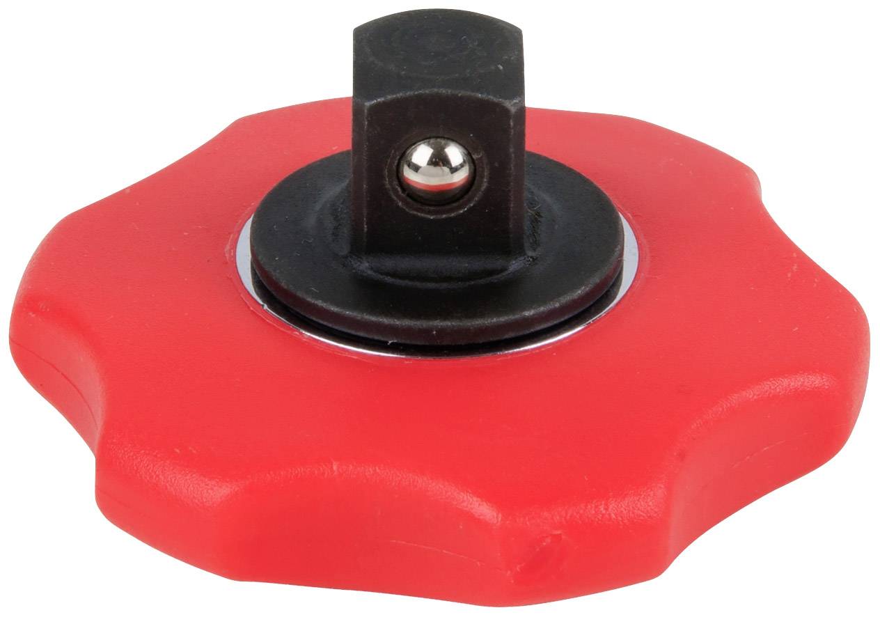 Czerwone, pokryte tworzywem sztucznym, gwiaździste pokrętło z czarnym metalowym złączem pośrodku, często stosowane w zastosowaniach inżynierii mechanicznej.