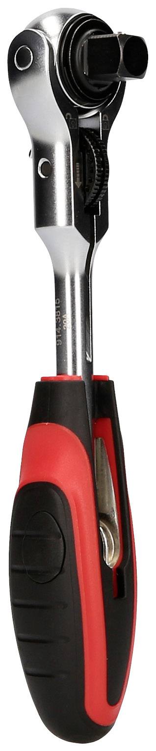 Grzechotka z rękojeścią w kolorach czerwonym i czarnym. Służy do wkręcania i wykręcania śrub poprzez obracanie uchwytu.