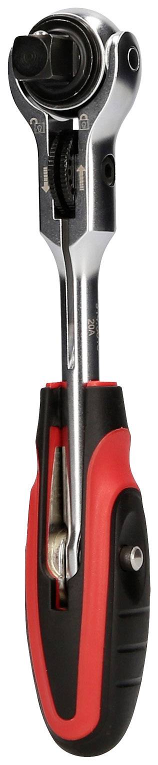 Grzechotka z czarną i czerwoną rękojeścią, przydatna do różnych zastosowań narzędziowych. Posiada obrotową głowicę dla łatwej obsługi.