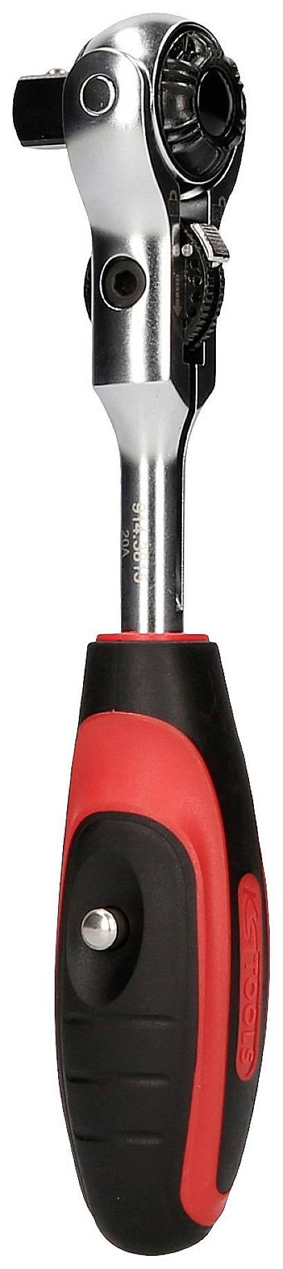 Grzechotka z czerwonym i czarnym uchwytem, wykonana z metalu i tworzywa sztucznego. Używana do obsługi nasadek klucza.