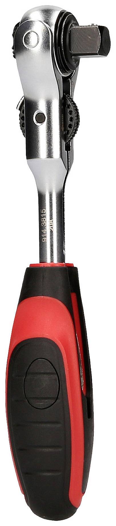 Srebrny klucz nasadowy z czarną i czerwoną rękojeścią, używany do dokręcania lub odkręcania śrub i nakrętek.