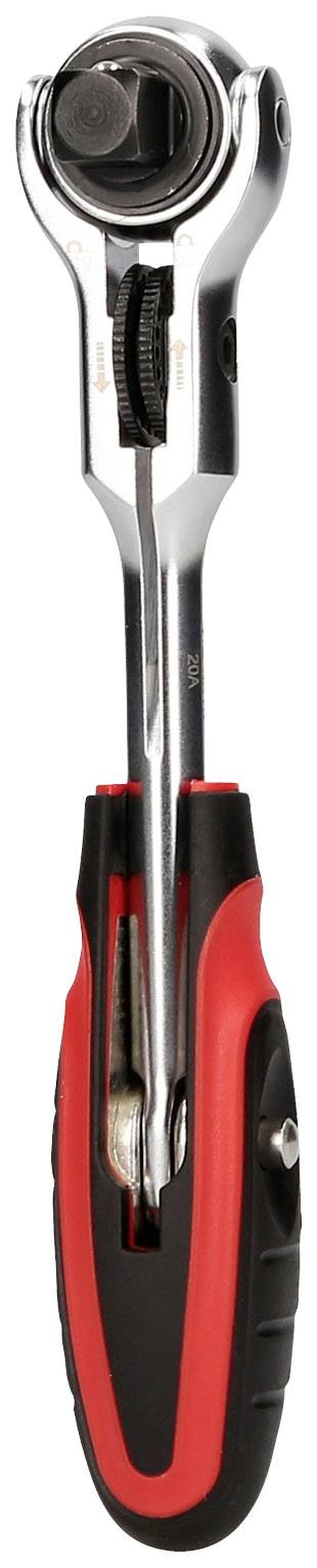 Grzechotka z ergonomicznym uchwytem i odwracalnym mechanizmem, utrzymana głównie w kolorach czerwonym i czarnym. Nadaje się do dokręcania lub odkręcania śrub.